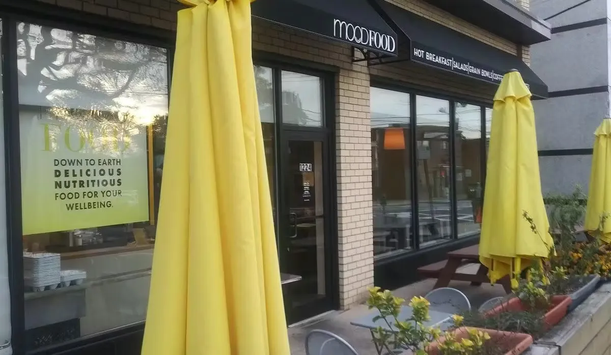 Yellow umbrellas outside Mood Food in Fort Lee, NJ